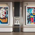 Abstract Paintings With Mecha Robot Artwork On Wall And Central Display Case With Model 3d model