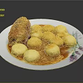 Roasted Pork Roll With Potato Dumplings In Red Sauce On White Plate With Purple Pattern