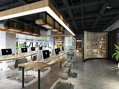 Modern Public Office Space With Long Desks Computers Open Layout Bookshelves And Potted Plants 3d model