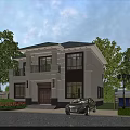 Two Story Detached Villa Exterior With Green Trees Red Flowers And Parked Cars