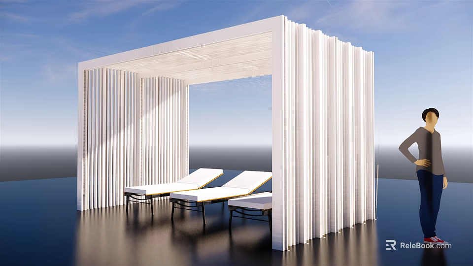 Modern White Pergola With Slatted Structure And Outdoor Lounge Chairs By Water 3d model 
