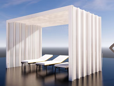 Modern White Pergola With Slatted Structure And Outdoor Lounge Chairs By Water 3d model