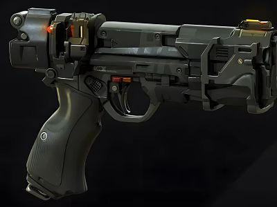Futuristic Tactical Handgun With Black Mechanical Design Orange Accents And Ergonomic Grip 3d model