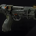 Futuristic Tactical Handgun With Black Mechanical Design Orange Accents And Ergonomic Grip
