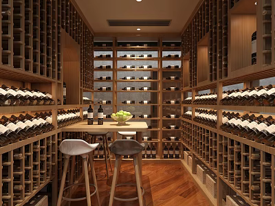 Elegant Wine Cellar Interior Design With Wooden Racks Organized Bottles And Central Table 3d model
