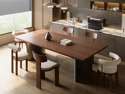 Modern Wooden Dining Table With Upholstered Chairs In Bright Kitchen With Cabinets And Appliances 3d model