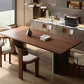 Modern Wooden Dining Table With Upholstered Chairs In Bright Kitchen With Cabinets And Appliances