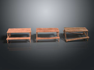 Three Wooden Benches With Different Designs On Dark Background With Reflection 3d model