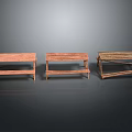Three Wooden Benches With Different Designs On Dark Background With Reflection
