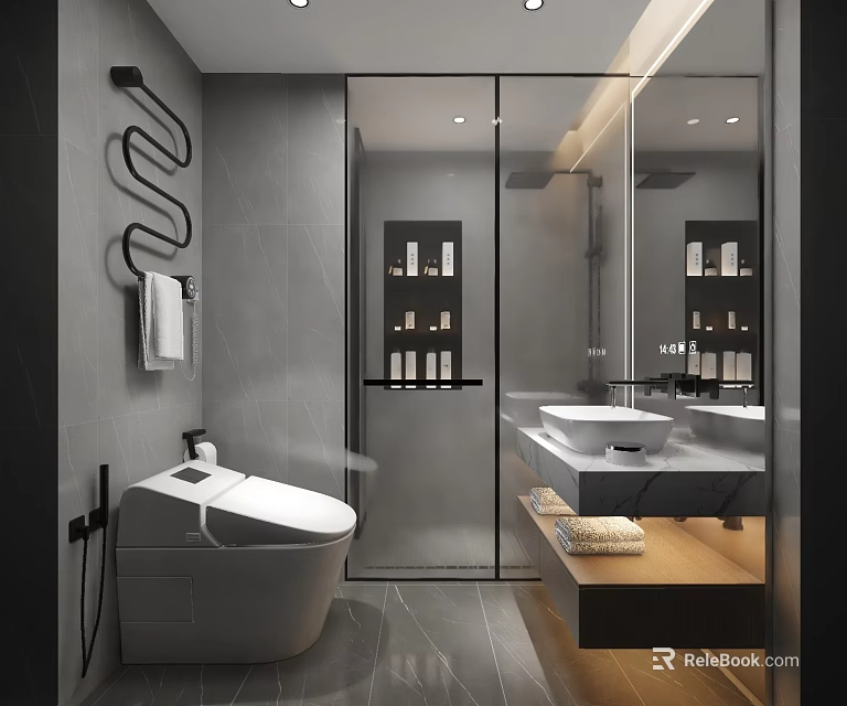 Sleek Modern Grey Bathroom With Smart Toilet Glass Shower And Elegant Floating Vanity Design 3d model 