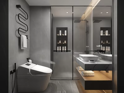 Sleek Modern Grey Bathroom With Smart Toilet Glass Shower And Elegant Floating Vanity Design 3d model