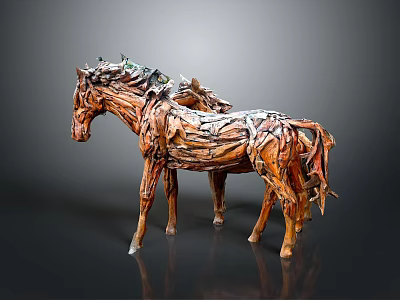 Hand Carved Wooden Horse Sculptures With Two Standing Artistic Textured Design 3d model