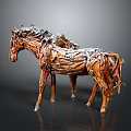 Hand Carved Wooden Horse Sculptures With Two Standing Artistic Textured Design