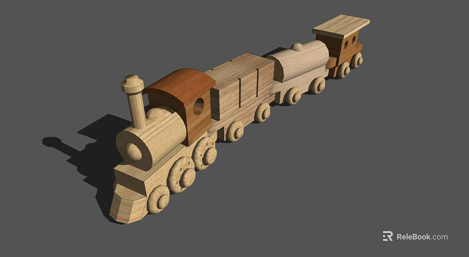 Wooden Toy Train With Carriages Wheels Chimney And Natural Wood Design 3d model 