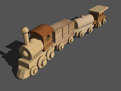 Wooden Toy Train With Carriages Wheels Chimney And Natural Wood Design 3d model