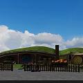 Charming Hobbit House With Green Turf Roof Round Blue Door Wooden Fence And Pumpkins