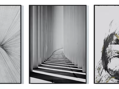 Three Black And White Decorative Paintings With Radial Lines Architectural Space And Abstract Brushstrokes 3d model