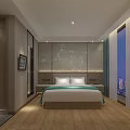 Hotel Guest Room Interior With Bed Green Blanket TV Desk Chair Wooden Floor