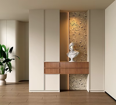 Modern Shoe Cabinet With Beige Paneling Wooden Countertop Decorative Wall And Sculpture Decor 3d model