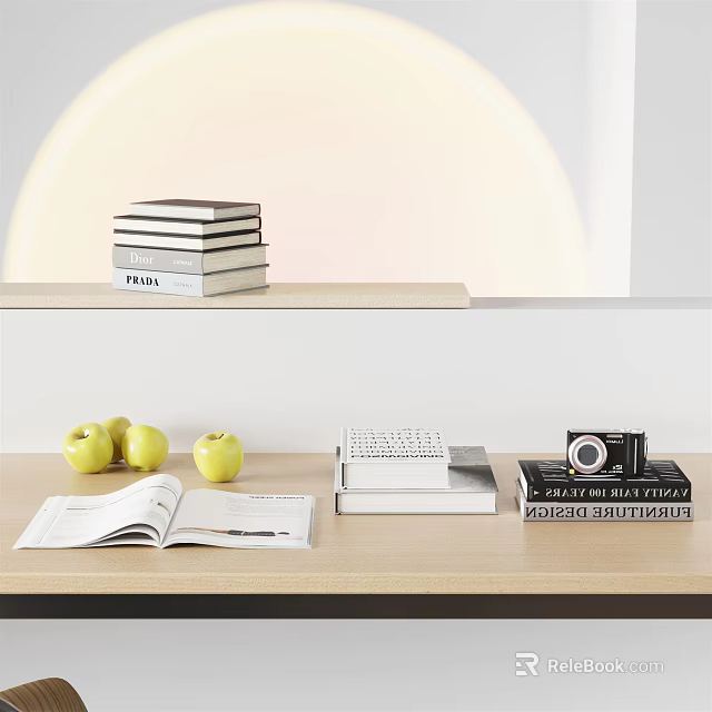 Tabletop Decorative Ornament Set With Stacked Books Apples Open Book Vintage Camera And Warm Lighting 3d model 