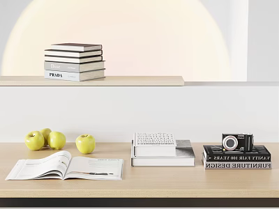 Tabletop Decorative Ornament Set With Stacked Books Apples Open Book Vintage Camera And Warm Lighting 3d model