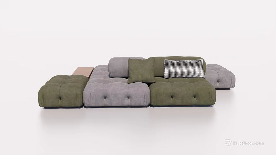 Gray and Green Modular Sectional Sofa With Plaid Cushions and Soft Upholstery 3d model 