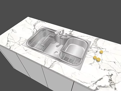 Stainless Steel Double Bowl Kitchen Sink on Marble Countertop with Faucet Dish Rack and Lemons 3d model