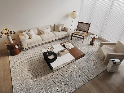 Modern Living Room Sofa Coffee Table Set With Beige Fabric And Wood Marble Top 3d model