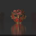 Red And Gold Traditional Mask With Floral Decorations Phoenix Pattern Intricate Carvings