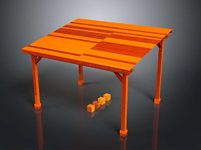 Orange Wooden Table with Striped Surface Pattern and Small Blocks Underneath 3d model