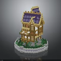 Lego Wooden Building With Purple Roof and Balcony on Circular Base Surrounded by Green Grass