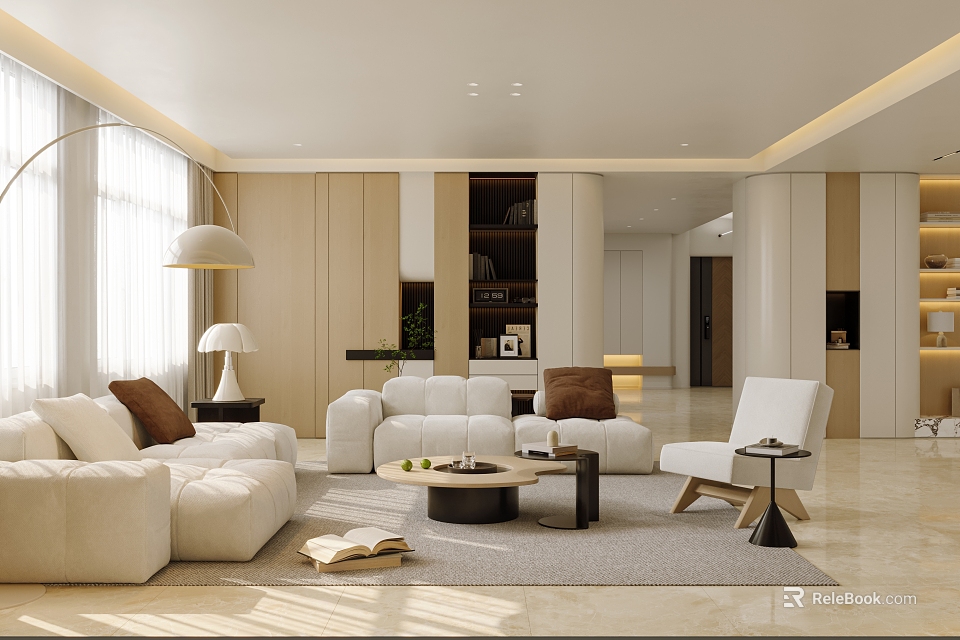 Modern Bright Living Room with Beige White Sofa and Coffee Table Set and Floor Lamp Rug 3d model 