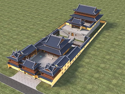 Ancient Chinese Architecture With Traditional Roofs Courtyard Layout And Green Lawn 3d model