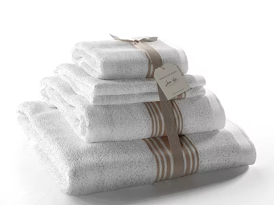 Luxury Stacked White Towels With Brown Stripes And Attached Decorative Tag 3d model