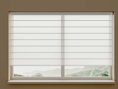 White Window Blinds For Double Pane Window With Mountain View And Greenery 3d model