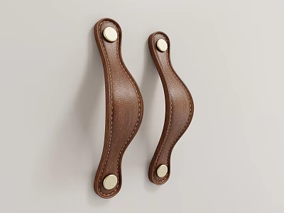 Brown Leather Cabinet Handles With Stitching And Metal Rivet Design 3d model