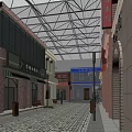 Vibrant Commercial Street with Red Brick Buildings Arched Windows Store Signs and Pedestrians Walking