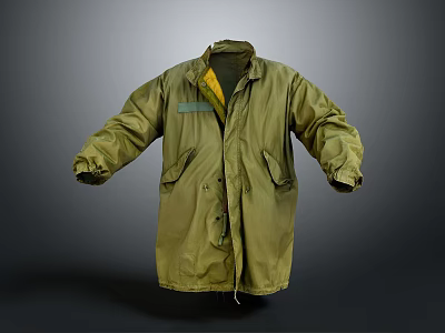 Olive Green Long Coat With Yellow Lining And Front Pockets For Casual Wear 3d model