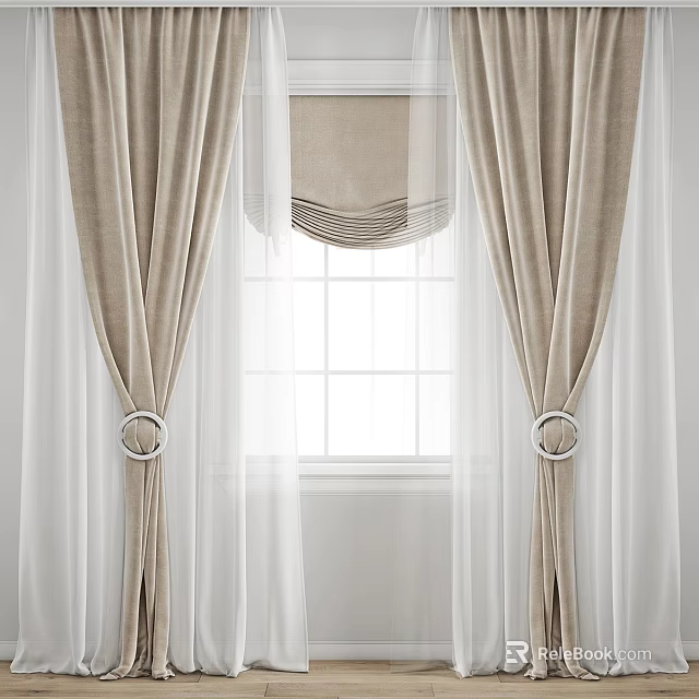 Elegant Beige Curtains With Sheer Panels And Curtain Rings For Window Design 3d model 