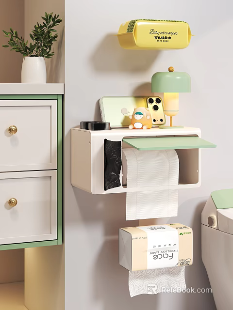 Modern Minimalist Bathroom Accessories With Wall Mounted Tissue Holder Green White Storage Box 3d model 