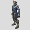 Detailed Game Movie Character with Blue Coat Golden Helmet and Black Armor