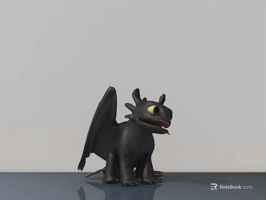 Black Dragon Doll with Wings and Yellow Eyes Standing on Gray Surface 3d model 