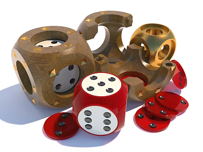 Board Game Entertainment Featuring Red And Wooden Dice With Red Chips 3d model