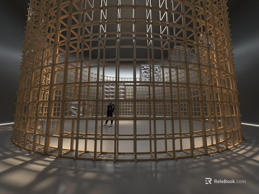 Wooden Grid Cylindrical Art Installation with Light Shadow Effects in Indoor Space and Figure Inside 3d model 