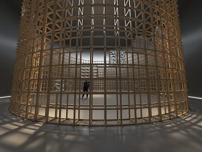 Wooden Grid Cylindrical Art Installation with Light Shadow Effects in Indoor Space and Figure Inside 3d model