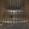Wooden Grid Cylindrical Art Installation with Light Shadow Effects in Indoor Space and Figure Inside