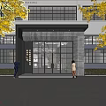 Modern Storefront With Glass Door White Gray Exterior Yellow Leaves Fallen Leaves Pedestrians
