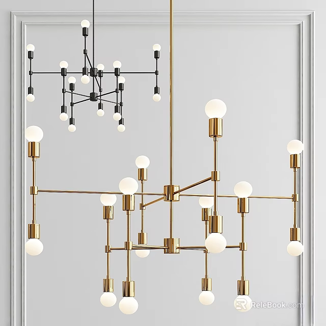 Modern Chandelier Design With Gold Metal Frame And Globe Light Bulbs 3d model 
