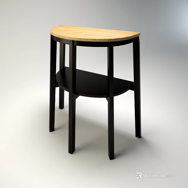 Semicircular Wooden Top Coffee Table With Black Shelf And Minimalist Design Legs 3d model 