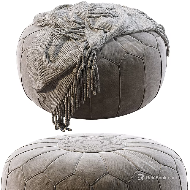 Round Leather Ottoman with Fringed Blanket and Quilted Top Design 3d model 